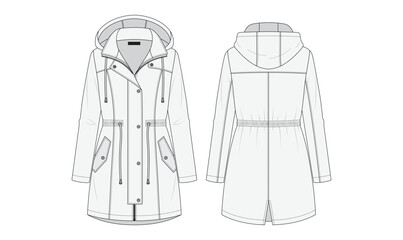 Parka jacket hooded technical fashion flat sketch, cold and rain weather coat, front and back view vector © MDARIFU