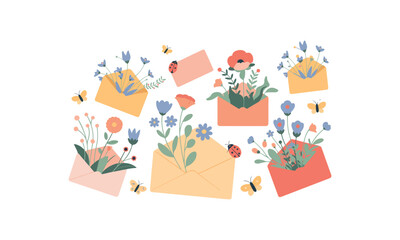Fototapeta premium Decorative flat vector illustration set featuring colorful envelopes filled with beautiful spring flowers and butterflies
