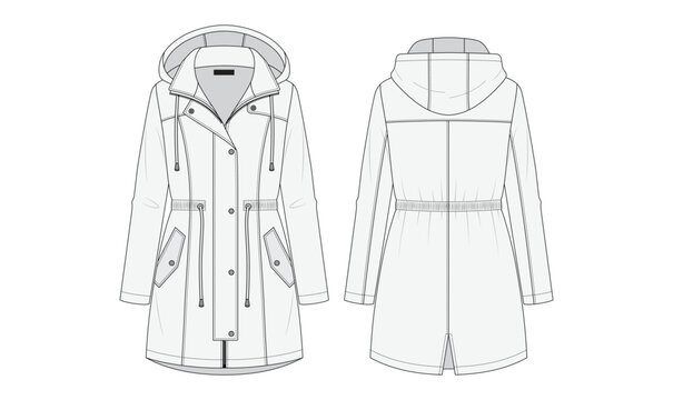 Parka jacket hooded technical fashion flat sketch, cold and rain weather coat, front and back view vector