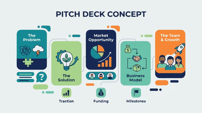 Pitch deck concept infographic with business presentation slides and icons.