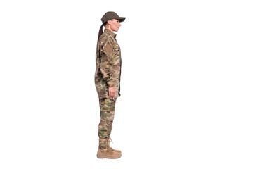 Full body profile portrait of young girl standing look empty space calm face isolated on white color background © deagreez