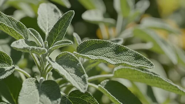 Clary sage green leaves swaying gently in the wind under the warm sun