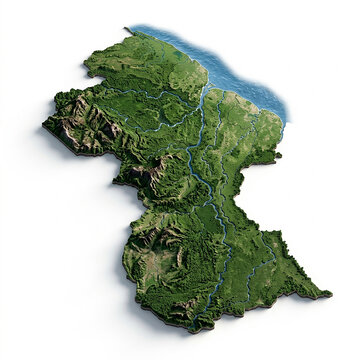 Satellite view of the country of guyana showing green rainforest terrain and coastal borders on white background