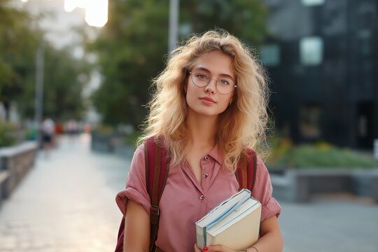 Female college student holding books outdoors, representing educations, learning, youth, academic success, and a focused lifestyle in an open environment.
