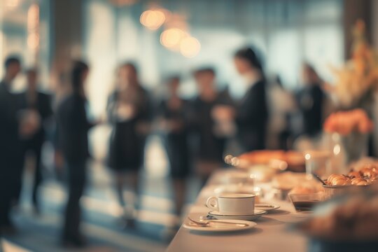Blurred breakfast networking event with professionals enjoying morning coffee, exchanging ideas, and socializing in a warm, bright, collaborative business environment.