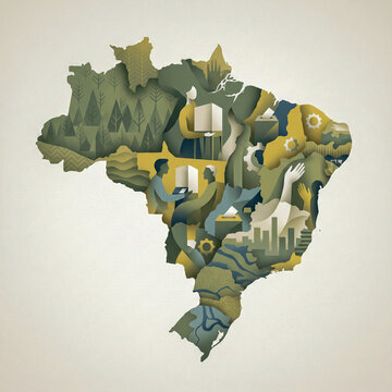 Conceptual illustration of the map of Brazil featuring democracy, election voting, environment, and industry
