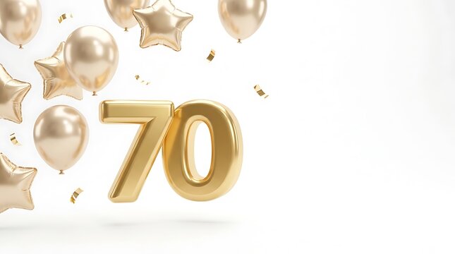 Gold 70 number with balloons isolated on white background