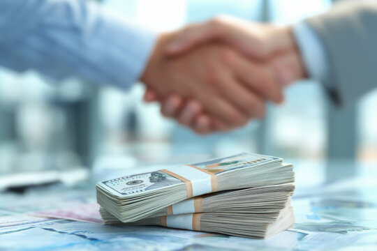 Business handshake over a blurred cash background, representing financial agreement, partnership, investment deal, corporate finance collaboration, and trust in monetary or banking transactions.