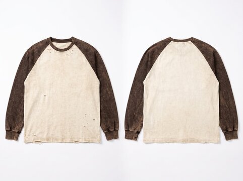 Blank raglan long sleeve shirt with beige body and brown sleeves.