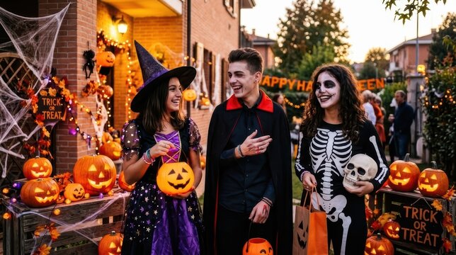 Happy Teenagers in Costumes Trick-or-Treating on Halloween