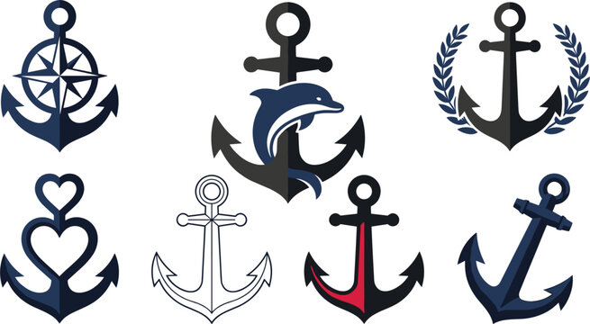 Nautical anchor emblem vector collection featuring marine compass rose jumping dolphin silhouette and laurel wreath borders