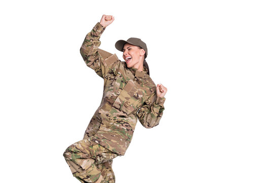 Portrait of delighted person closed eyes open mouth shout yes fists up isolated on white color background