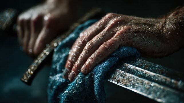 Warrior&rsquo;s Hands Cleaning a Sword &ndash; Close-up of Sweat, Grit, and Medieval Weaponry After Battle.