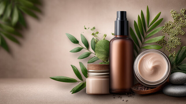 Natural cosmetics and aromatherapy products. Including a jar of cream. A bottle of essential oil. Linseed. Fresh rosemary. And lavender flowers. Arranged on a light grey background