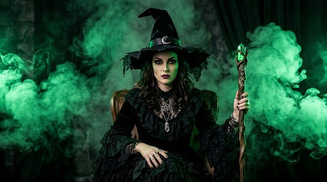 Mysterious witch in black costume holding a glowing magic staff amidst green