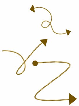 Brown decorative curved arrow set with dashed stitched line isolated on white background, vector loop and spiral pointers for infographic and graphic design elements