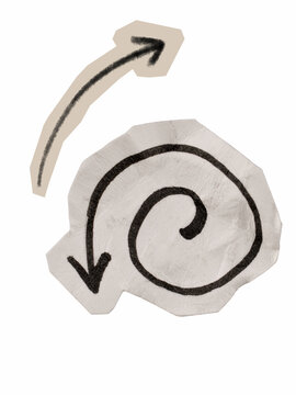 Hand drawn spiral and curved arrow doodle on crumpled paper cutout scraps isolated on white background, black ink marker arrow set for collage design and scrapbooking