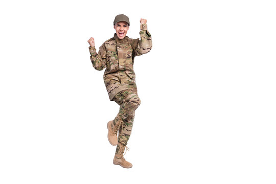Full size photo of young woman soldier happy positive smile rejoice win victory fists hands isolated over white color background