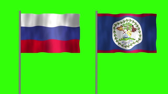 Flag of Belize and Russia, Pole flag of Belize and Russia on Green screen chroma key, Belize and Russia flag waving.

