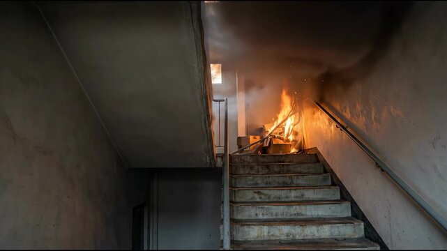 Burning debris stairway with thick smoke and flames lighting concrete steps staircase fire interior