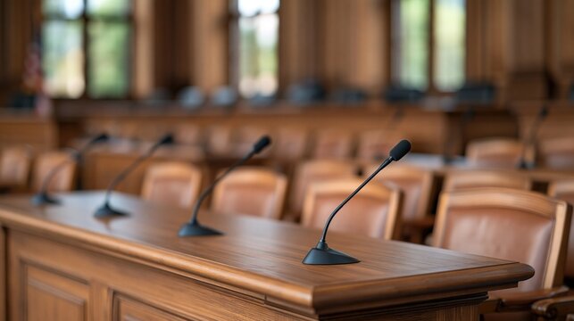 Courtroom interior with microphones and seating arrangement