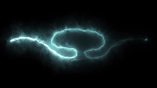 Cyan plasma line energy depiction featuring a glowing arc line moving smoothly on black background. Seamless loop 4k animation.