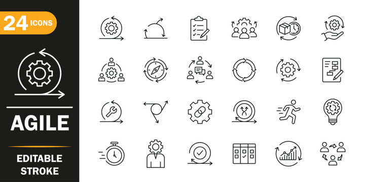 Agile methodology, workflow and project management editable stroke vector line icon set