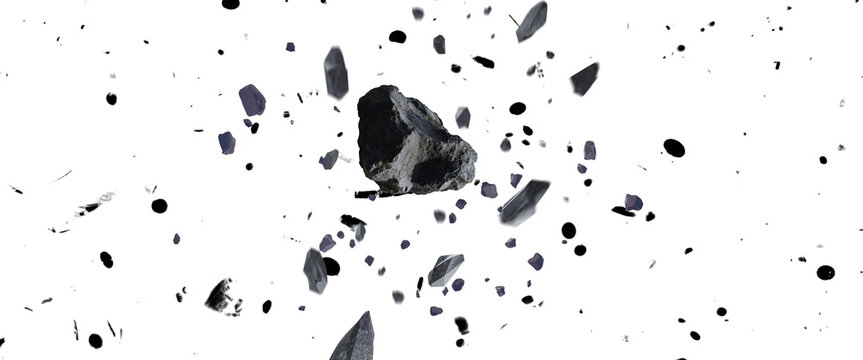 Dark asteroid exploding into small sharp fragments isolated on transparent background