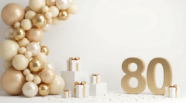 80th birthday celebration with gold balloons and gift boxes
