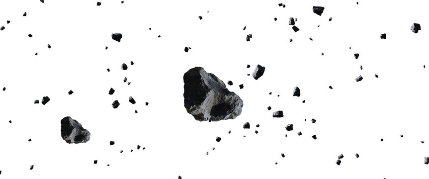 Wide field of scattered dark asteroid space debris isolated on transparent background