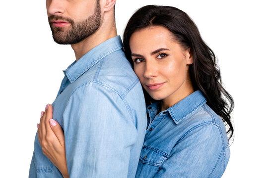 My hero! Cropped close up portrait of affectionate casual beloved loyal lady supporting crazy about her mr right dreaming isolated inspired wearing jeans shirts jackets on ashy-gray background