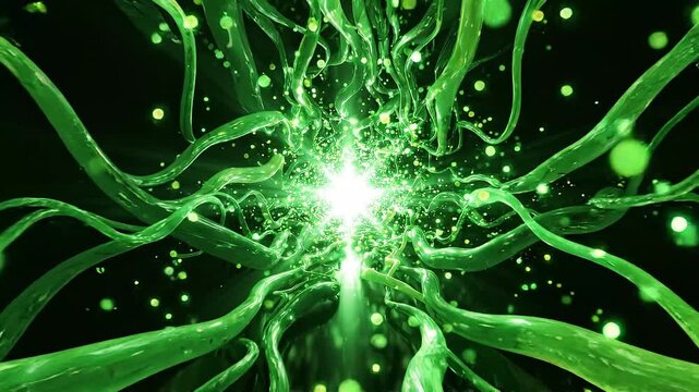 Glowing green organic tentacles pulsing with light in abstract deep space, scientific animation, futuristic motion background.
