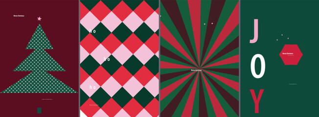Obraz premium Modern Minimalist Holiday Greeting Card Set Featuring Geometric Christmas Trees Festive Patterns and Typographic Seasonal Cheer Designs