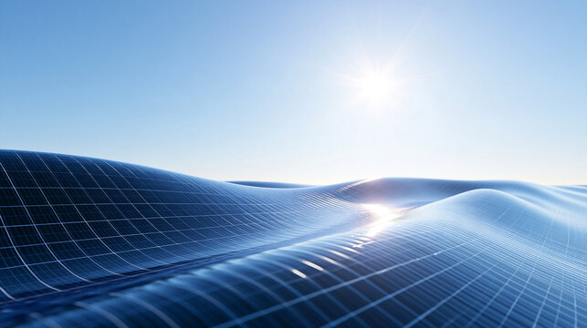 Futuristic Wavy Solar Panel Surface Under Bright Sun