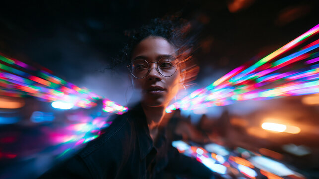 Woman with Glasses in Dynamic Nightclub Neon Light Trails