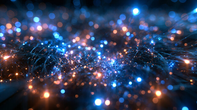 Abstract Glowing Fiber Optics and Bokeh Lights Background