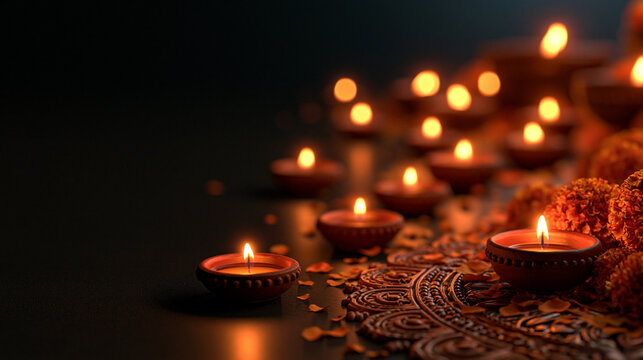 Diwali Diyas Glowing on Traditional Rangoli Pattern