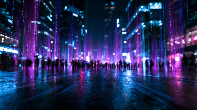 Smart City Night Street with Digital Data Streams