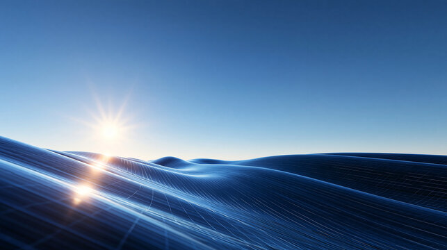 Abstract Digital Wireframe Landscape with Glowing Sunrise