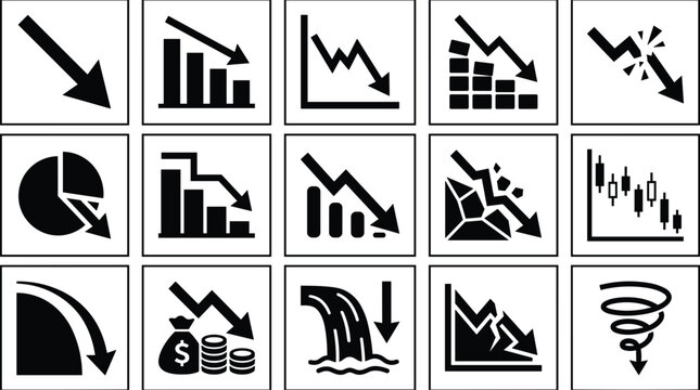 Financial loss and economic crisis line icon set featuring downward arrow charts market crash bankruptcy and loss symbols.eps