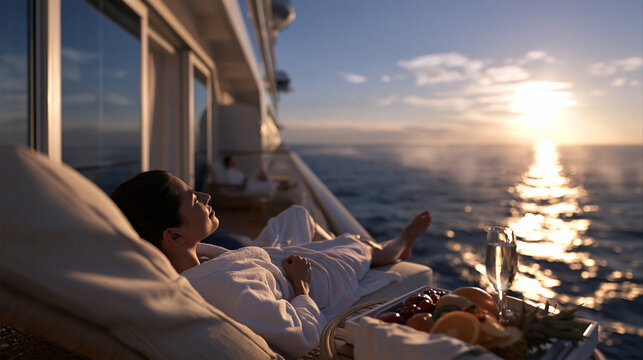 Woman Relaxing on Luxury Cruise Ship Balcony at Sunset
