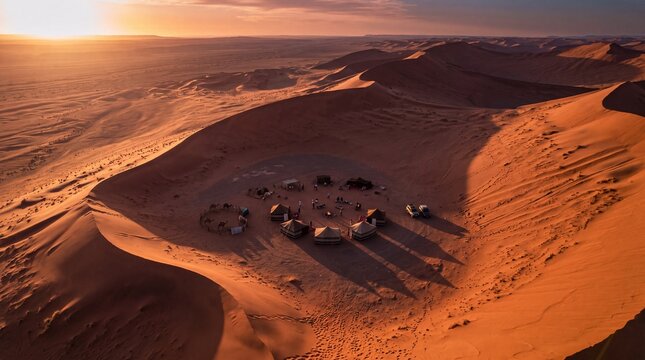 Aerial View of Desert Camp Between Sand Dunes at Sunset