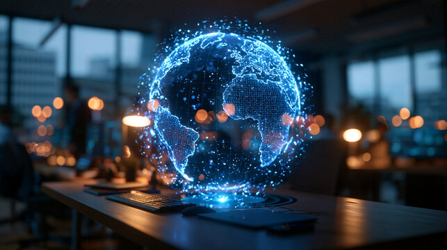 Glowing Digital Planet Earth Hologram on Office Desk