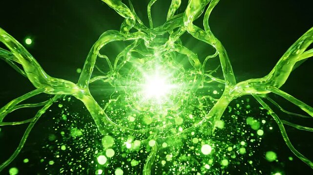 Abstract green neural network glowing with bright light and particles, digital microscopic organism or DNA strand motion.