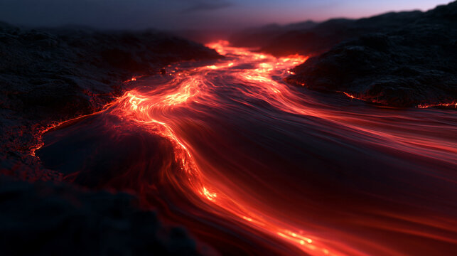 Molten Lava Flowing Through Dark Volcanic Rock Landscape
