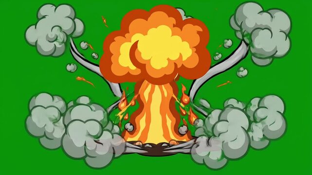 2D animated comic style cartoon fire explosion with smoke burst on green screen background.