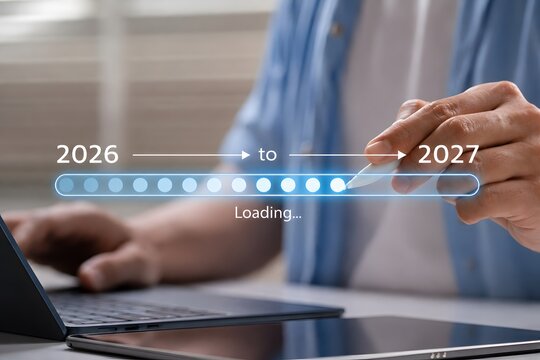 Business Transition from 2026 to 2027 with Digital Progress Loading Bar for Annual Planning Strategic Roadmap Enterprise Transformation Goal Tracking Productivity Improvement and Business Growth
