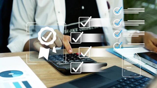 Completing digital survey checklist with approval check marks on tablet touchscreen interface, Online compliance test, safety inspection form, and digital transformation concept in modern office.