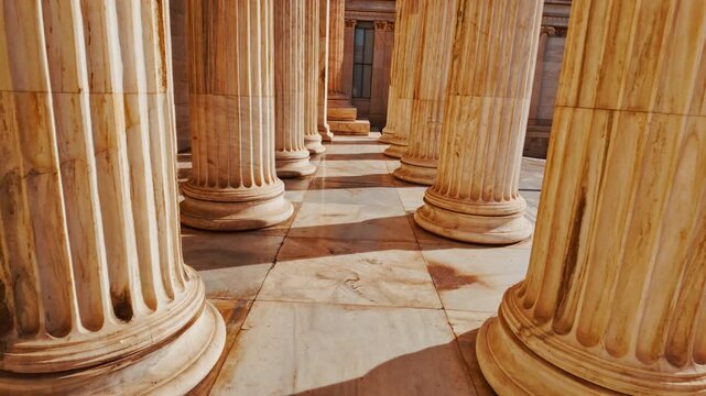 Sunlight casting shadows across the marble bases of massive fluted neoclassical columns of the Academy of Athens, Athens, Greece