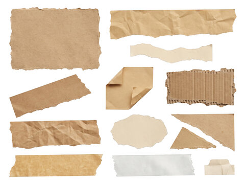 Tan craft paper scraps and corrugated cardboard fragments with wrinkled surfaces provide a vintage aesthetic for digital collages.